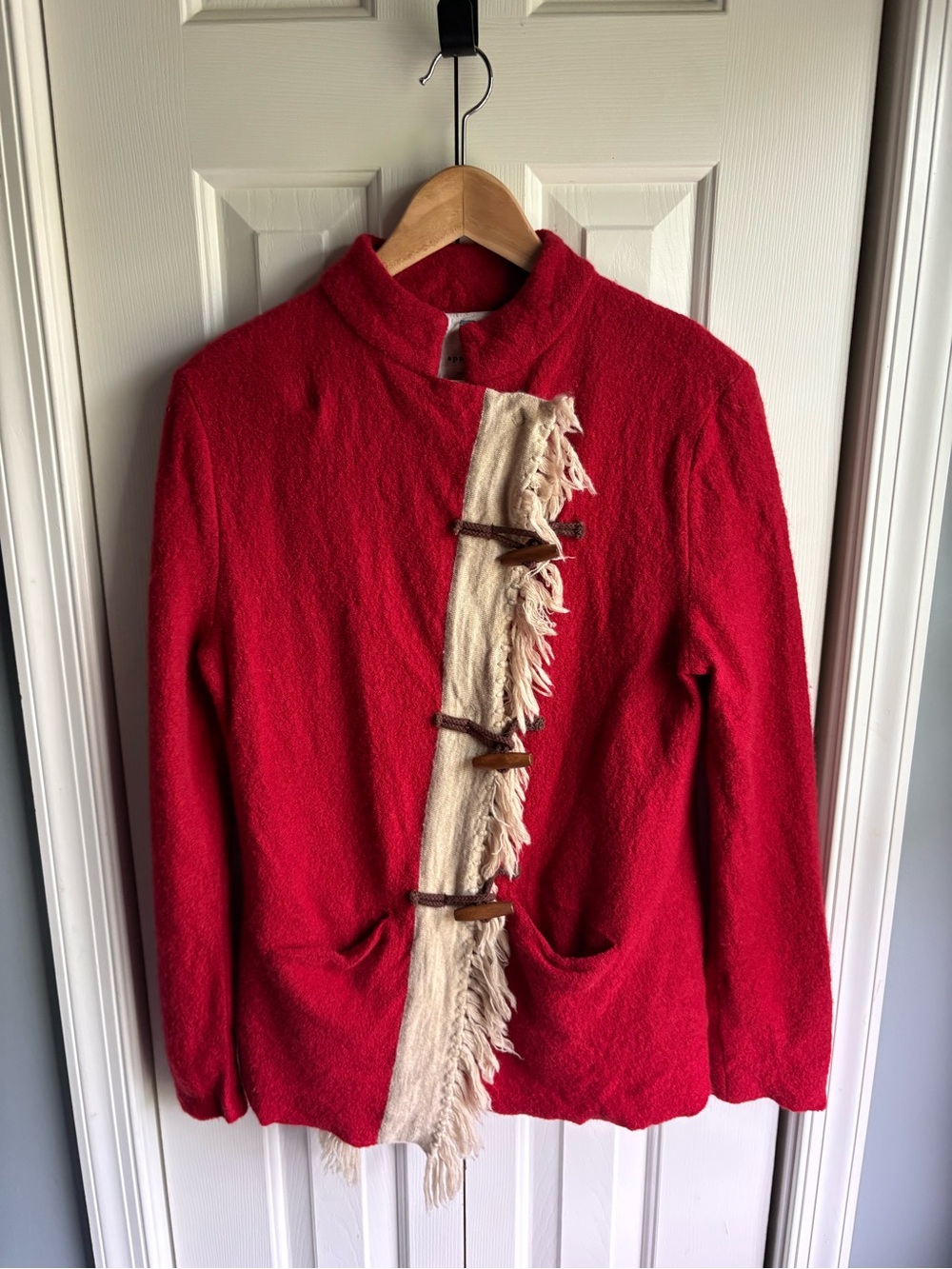 Anthropologie Sparrow Red Wool Sweater Jacket Fringe Toggles Boho Chic Size XL